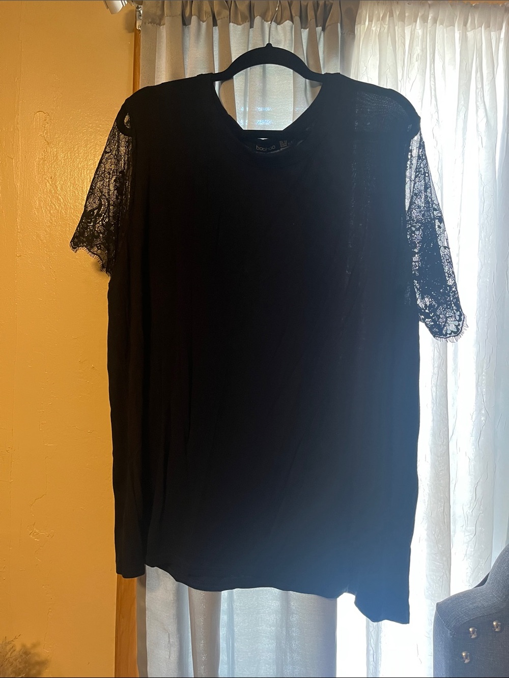 Boohoo Plus Black Lace Sleeve Short Sleeve Top